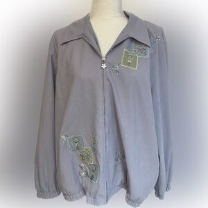Alfred Dunner Lavender Jacket Zip Floral Embellished Collared Grandmacore Sz 16